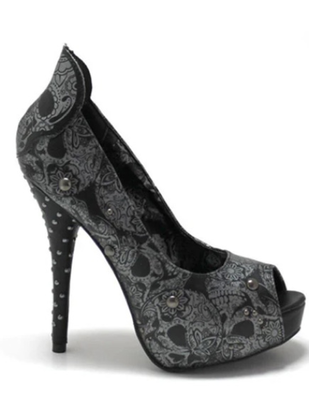 RARE Iron Fist Black/Pewter Your Sweet Skull Peep-Toe Studded Stiletto Heels